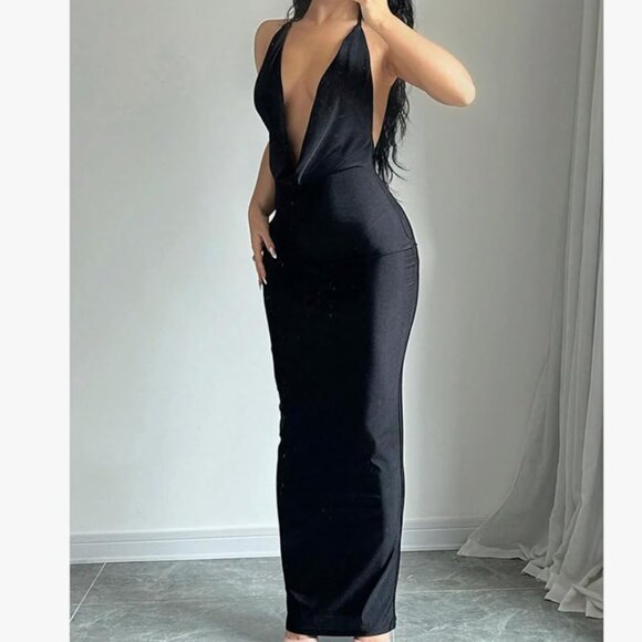 Women's Tie Backless Draped Halter Maxi Dress - Picture 3 of 4